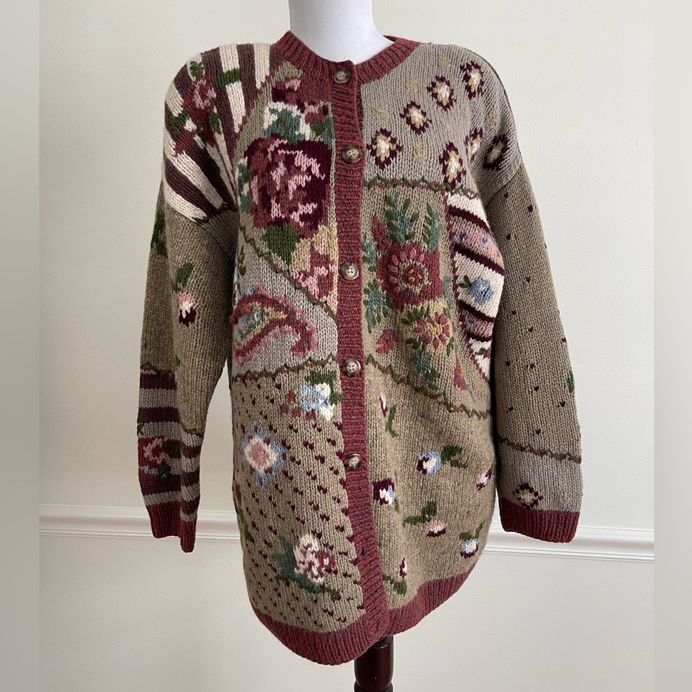 Hand-Embroidered Patchwork Floral Cardigan Vintage Grandma Susan Bristol Large